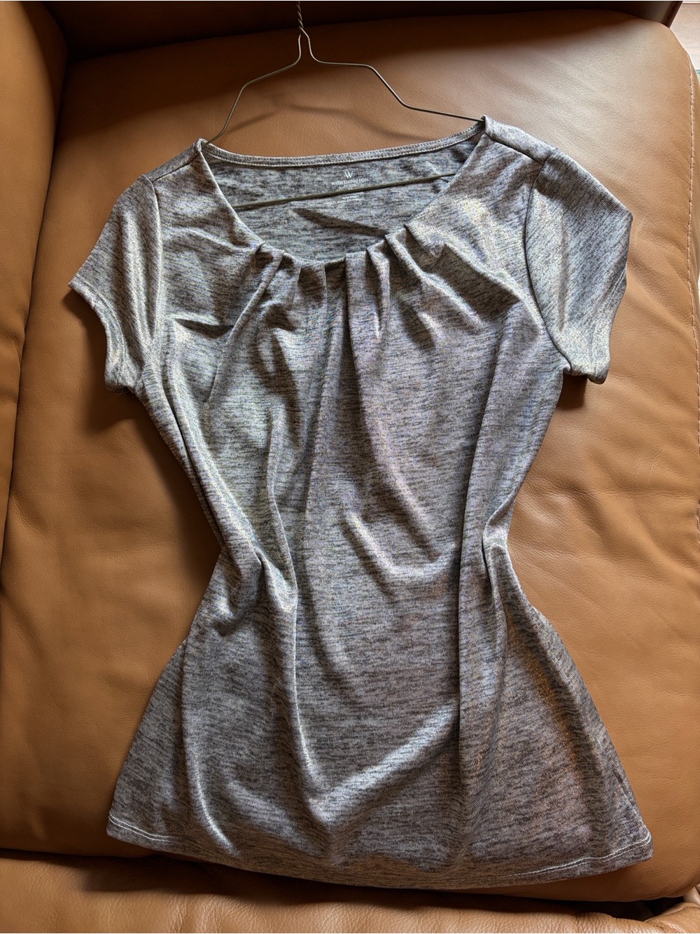 Women’s Shimmery/Metallic Grey Pleated Neck Short Sleeve Top